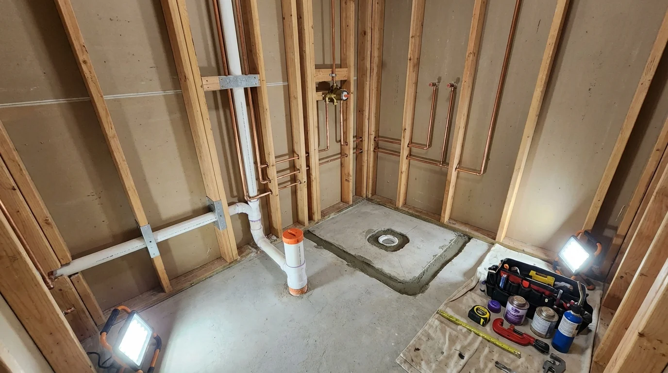 Bathroom rough-in plumbing during remodel by Johns Plumbing LLC in Hemet