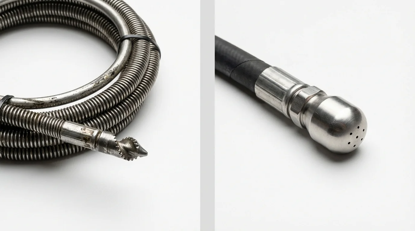 Drain snake cable and hydro jetting nozzle used for drain cleaning in Hemet, CA