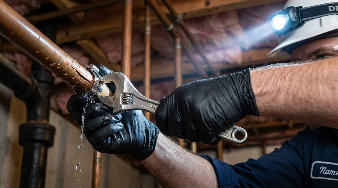 Emergency pipe clamp repair being performed by a Johns Plumbing LLC plumber in Hemet