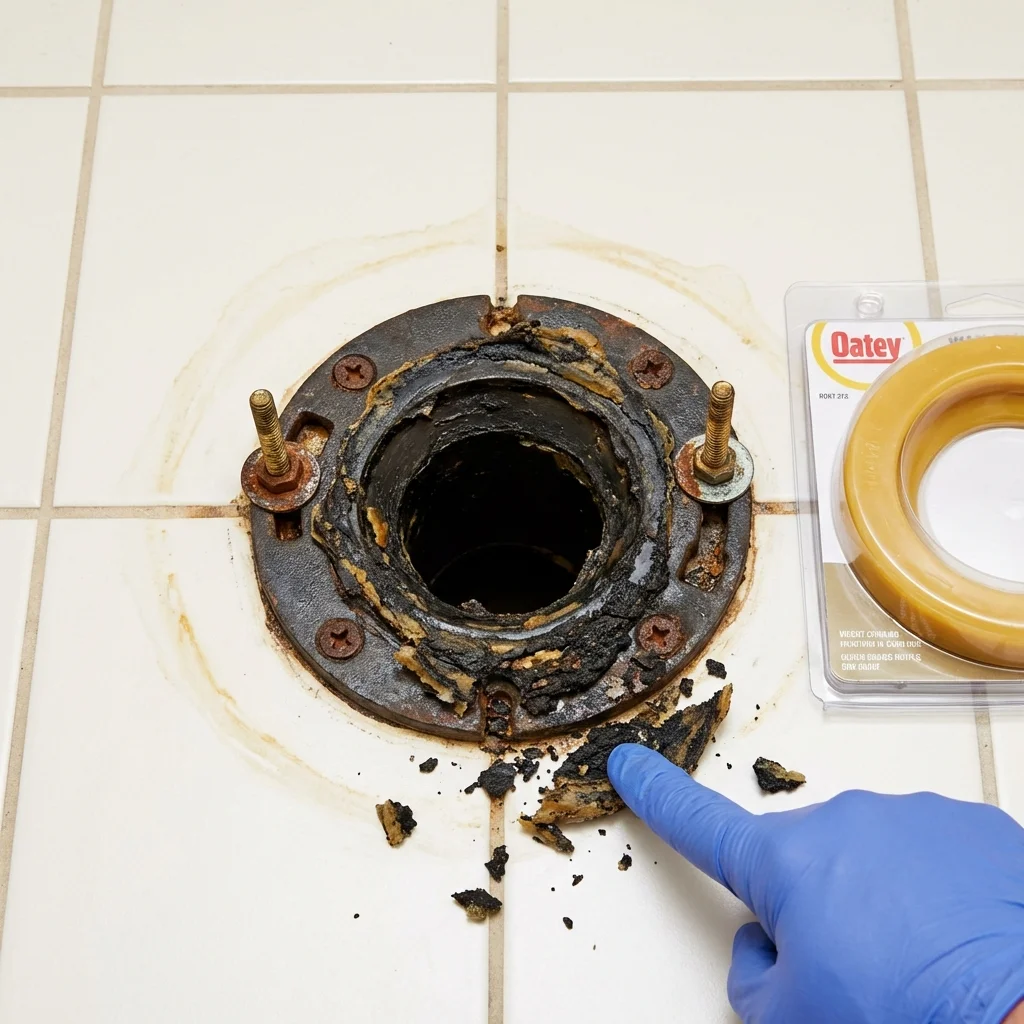Failed wax ring showing water seepage at the base of a toilet in a Hemet, CA home
